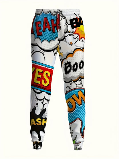 [Two-Piece Comic Print Hoodie Set] Men'S Casual Hoodie and Pants Set, 100% Polyester Knit Fabric, Full Coverage Comic Style Print, Casual Fit, Spring/Fall Warmth Two-Piece Set