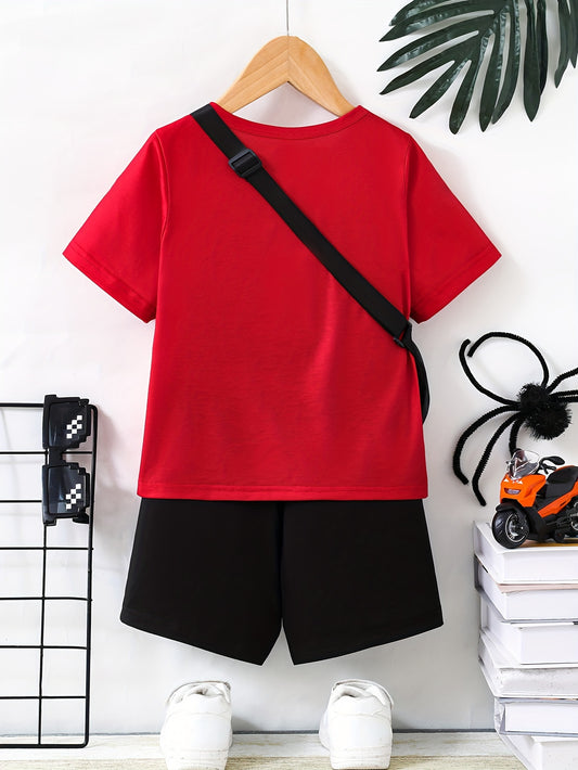 Boy's Cartoon Spider & Web Pattern 2pcs Casual Outfit, T-shirt & Bag & Shorts Set, Boy's Clothes For Summer Daily & Outdoor Wear