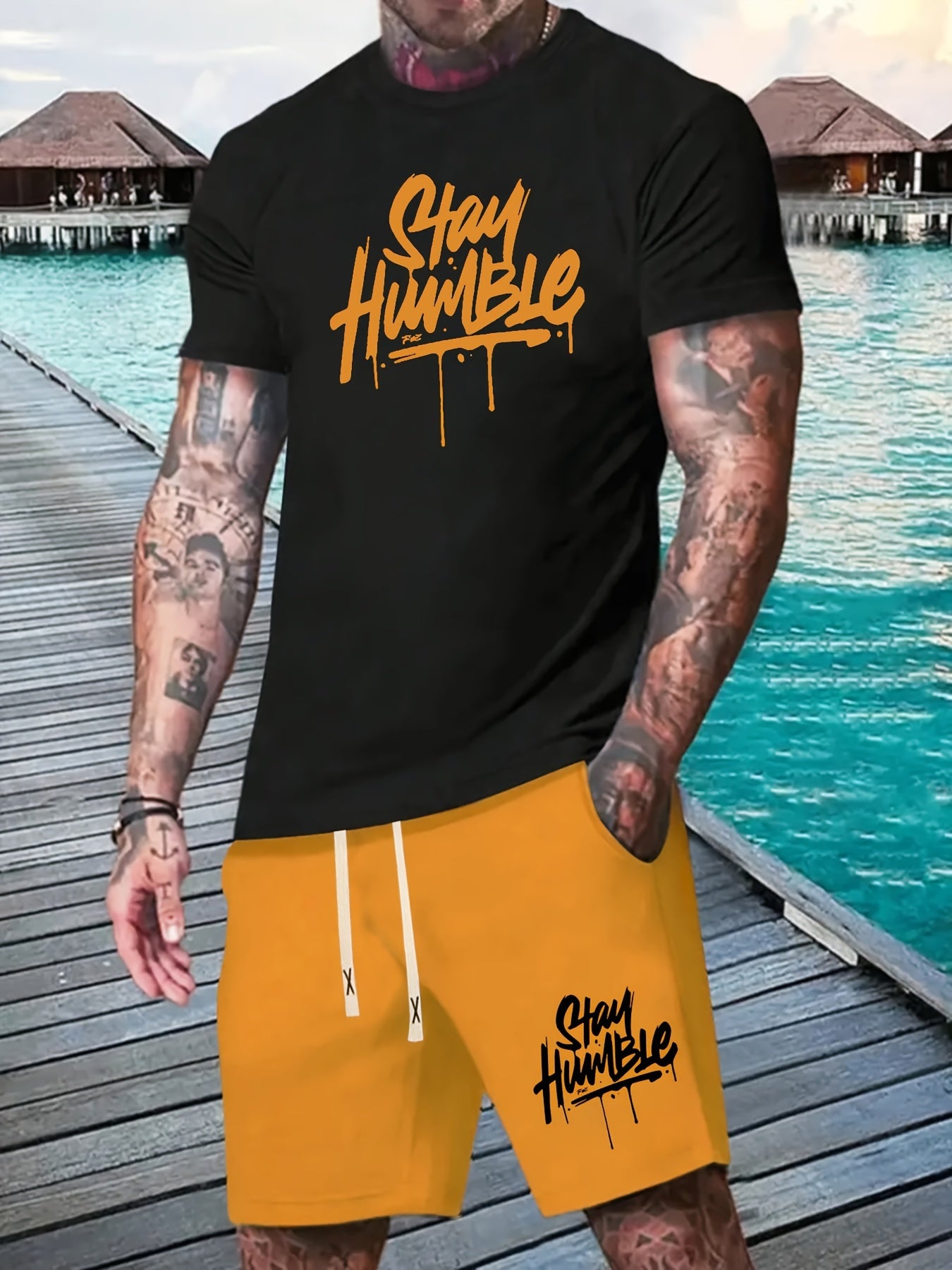 Summer Short-Sleeve Men'S T-Shirt Set with Print Design, Featuring Five-Point Shorts And a Comfortable Round-Neck Sports Outfit in a Two-Piece Set.