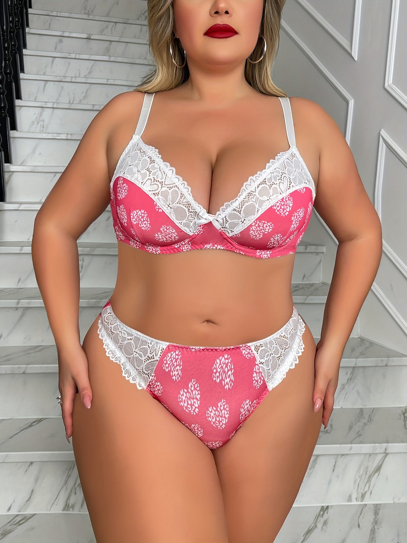 Plus Size Women's Lingerie Set - Elegant, High Stretch Polyester Knit with Elastane, Random Print, Brief Panty for Comfortable Wear