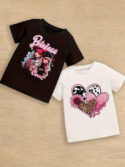 5pcs Vibrant Cartoon & Butterfly Graphic Tees for Girls - Comfy Polyester Blend, Short Sleeve Crew Neck T-Shirts with Heart-Shaped Dye Design - Perfect for Summer