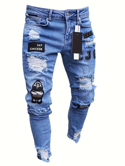 [Skinny Ripped Men Jeans] Men Casual Skinny Ripped Jeans, Stretch Distressed Slim Fit Pants, Destroyed Zipper Holes Embroidery Trousers