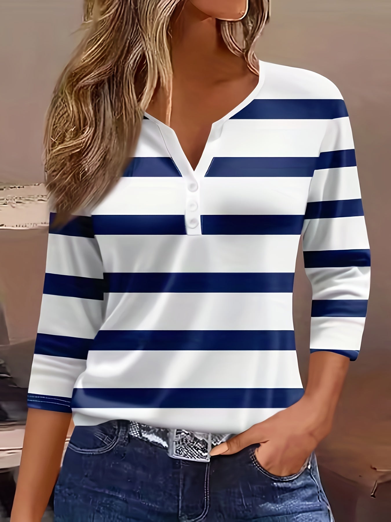 Women'S Casual V-Neck T-Shirt with All Over Striped Print, Three Quarter Sleeve, Knit Polyester Fabric, Regular Length - Spring/Summer/Fall Fashion Top