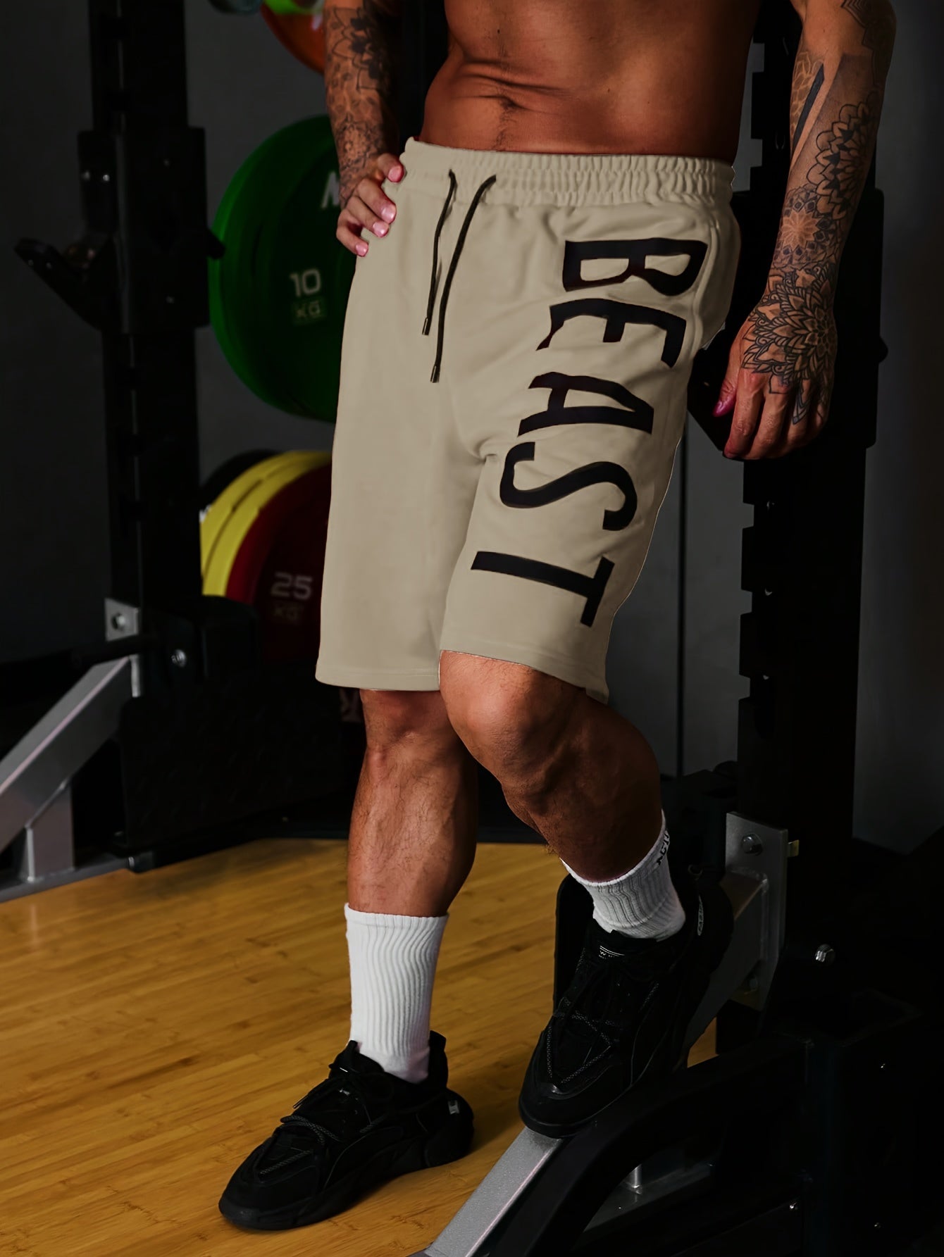 Letter Print "BEAST" Shorts With Drawstring And Pockets, Chic And Stylish Sports Shorts For Men's Summer Fitness And Outdoors Wear