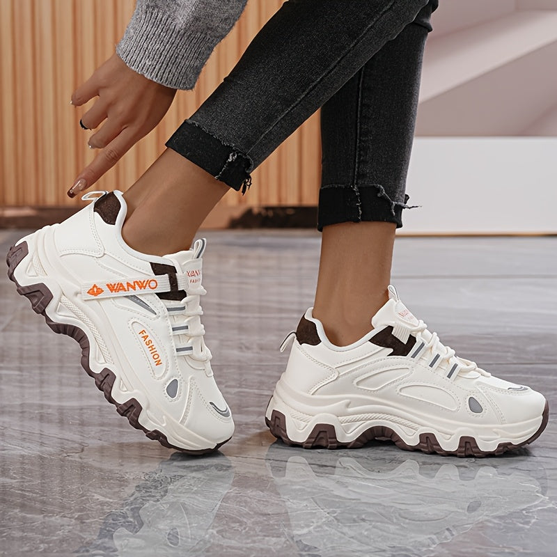 Women's Stylish & Comfortable Running Sneakers - Versatile Low-Top Lace-Up Sneakers with Brown Accents, White & Orange Design, Breathable Mesh Lining, Durable PVC Sole, Perfect for Casual Wear or Students