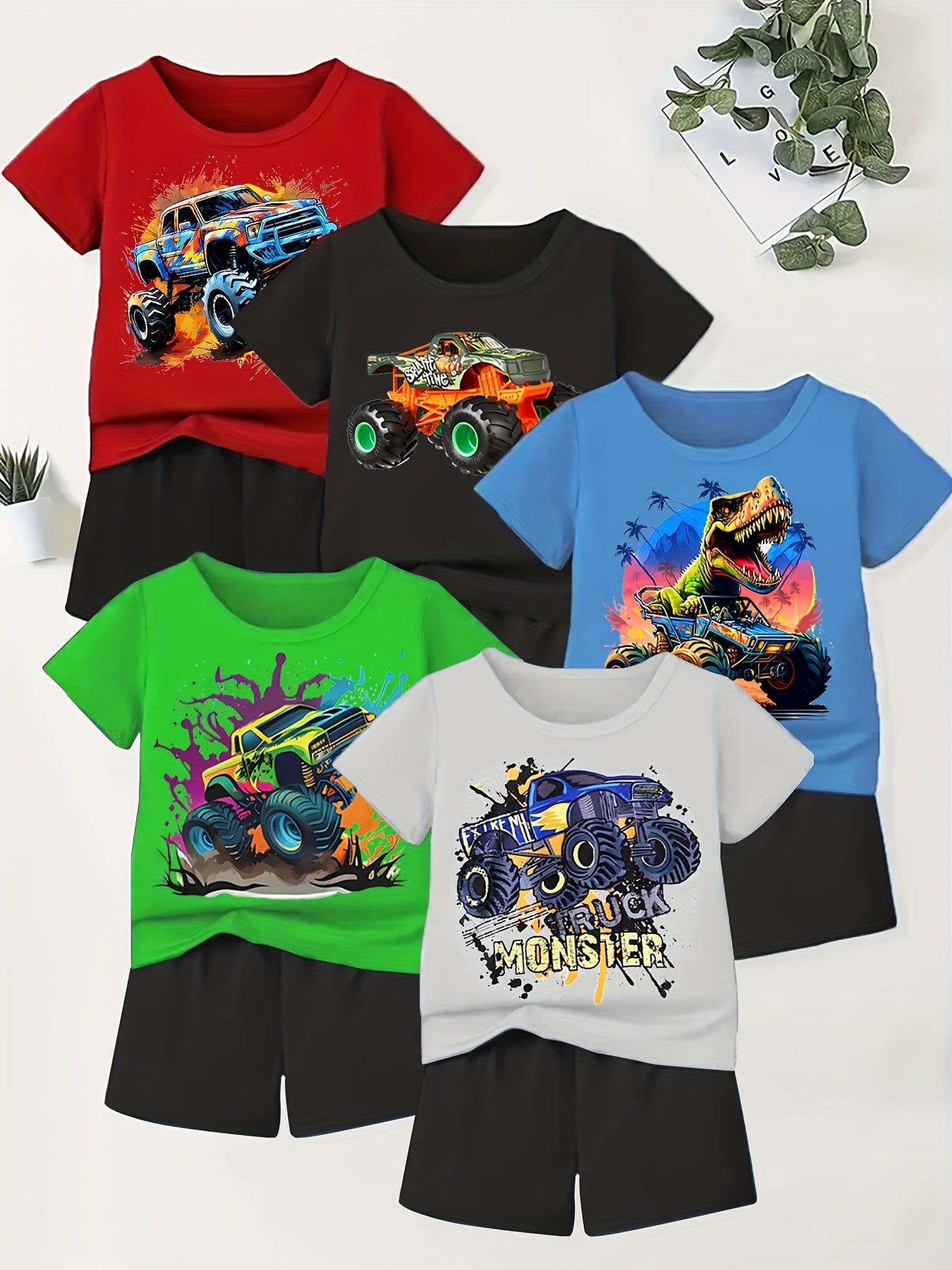 Casual Short Sleeve T-shirt & Shorts Set, Cartoon Off-road Vehicle Print, 10-piece Boys Co Ord Set For Summer Daily And Outdoor Wear