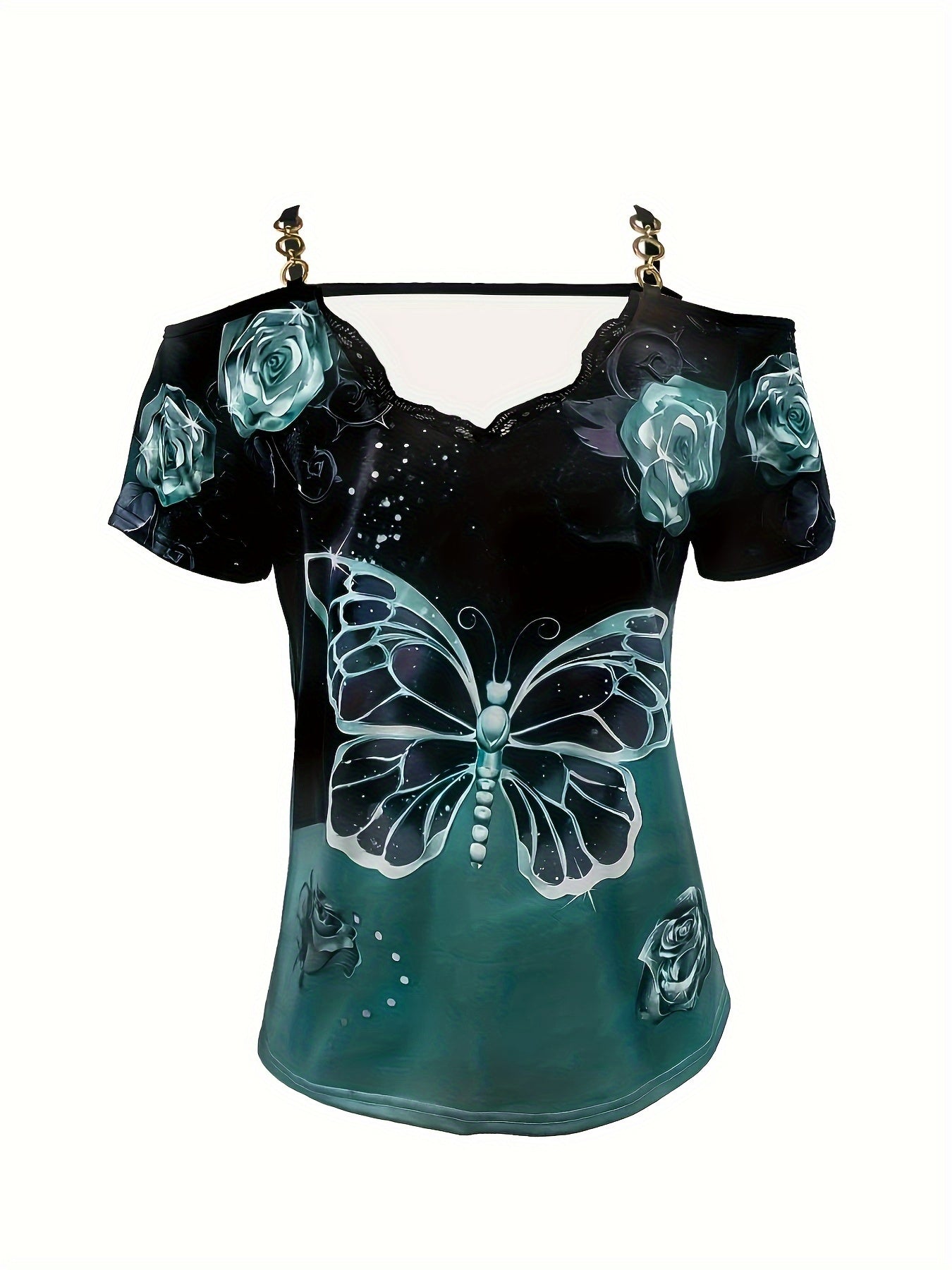 [Summer Perfect Cold-Shoulder Top] Chic Butterfly Print Cold-Shoulder Top - V-Neck, Stretchy Polyester Blend, Machine Washable - Perfect for Summer