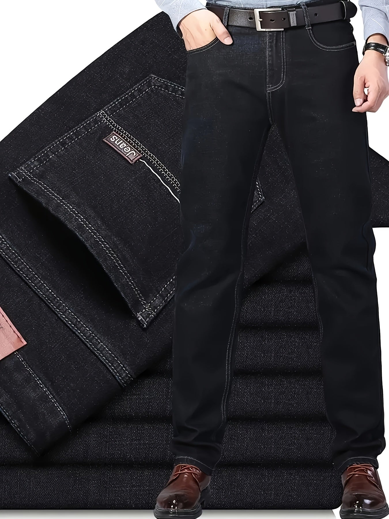 [Slightly Stretchy] Solid Color Straight-Leg Jeans - Slightly Stretchy, Light Business Style - For Outdoor Casual Daily Wear