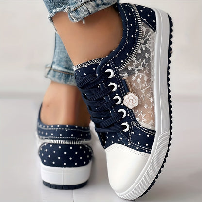 [Floral Mesh Sneakers] Light Blue Women's Floral Mesh Sneakers - Lace-Up Low Tops with Rhinestone Accents, Casual Shoes, Synthetic Cover Sole