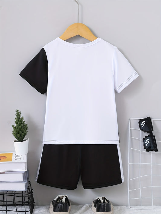 Men's Dad+Me Letter Big Hand Small Hand Pattern Black And White Spliced Contrast Color Short Sleeve T-shirt And Shorts Two-piece Set Holiday Casual Sports Top And Shorts Set 1-8 Years Old Trendy Boy Clothes, Perfect for Outdo