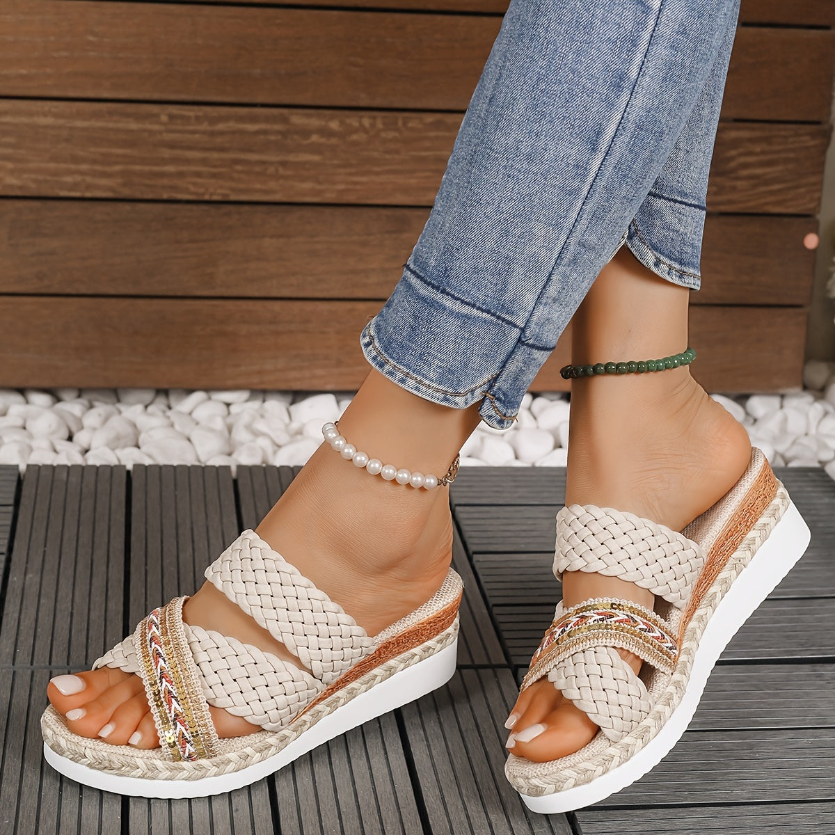 Casual Comfort Wedge Summer Sandals - Women's Platform Slip On Braided Walking Vacation Shoes