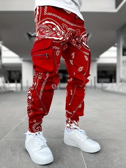 [Multi Pocket Paisley Joggers] Men's Paisley Pattern Multi Pocket Joggers, Casual Sports Pants For Fitness