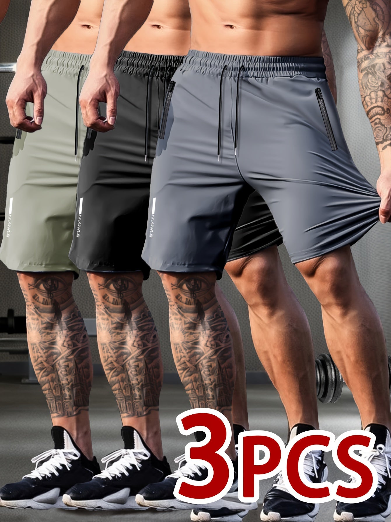 Set of 3 Breathable High-Elastic Drawstring Waist Shorts with Zipper Pockets for Men'S Casual Sports And Jogging.