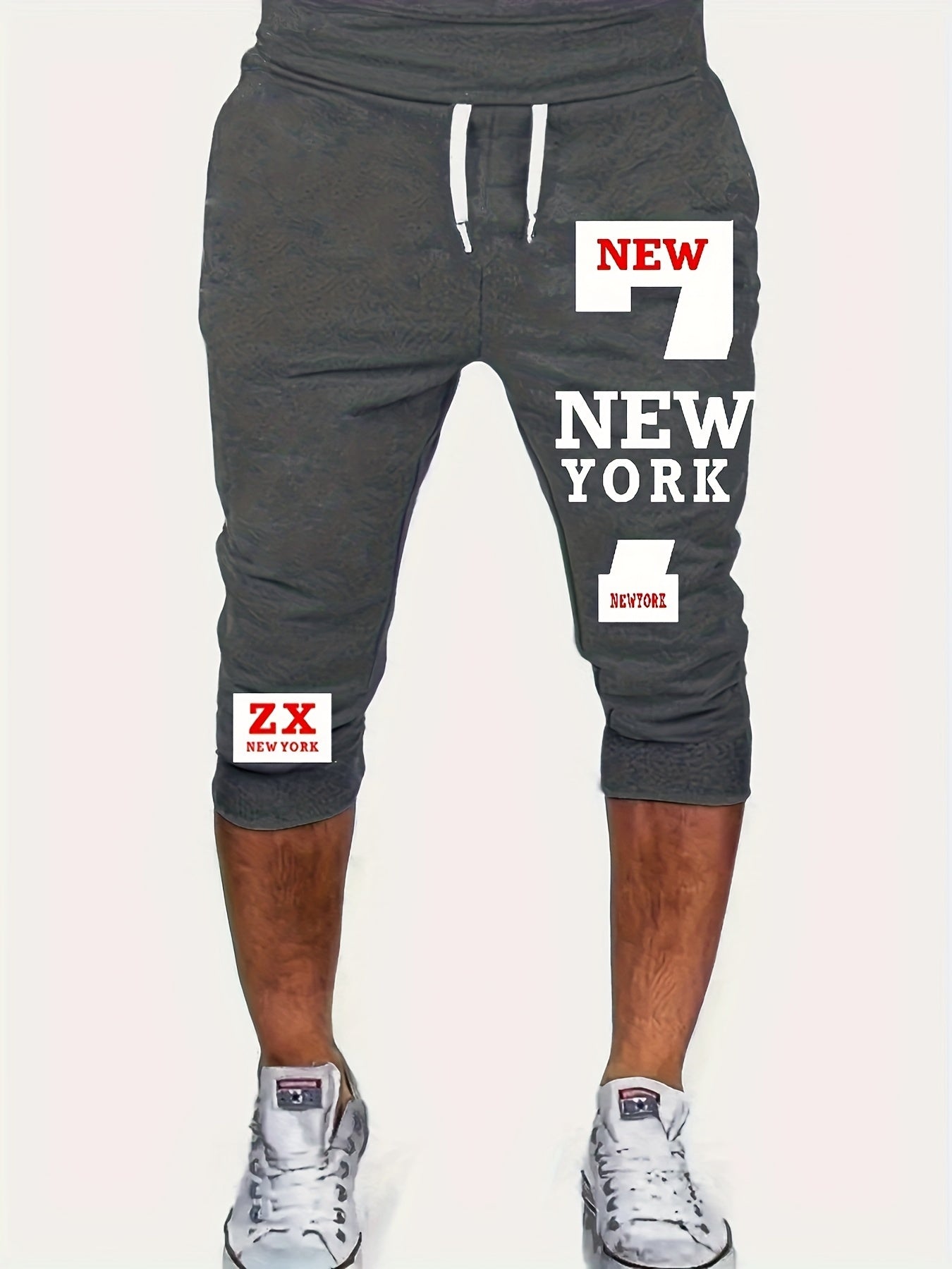 Men's Casual European & American Style Athletic Shorts - Navy Blue with "NEW YORK" Print, Zipper Pockets, 100% Polyester, Machine Washable, Perfect for Streetwear & Jogging