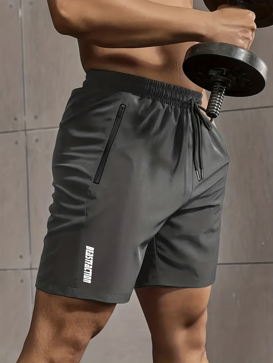 Active Elastic Waist Shorts - Men's Solid Drawstring Shorts With Zipper Pockets For Summer Outdoor Fitness