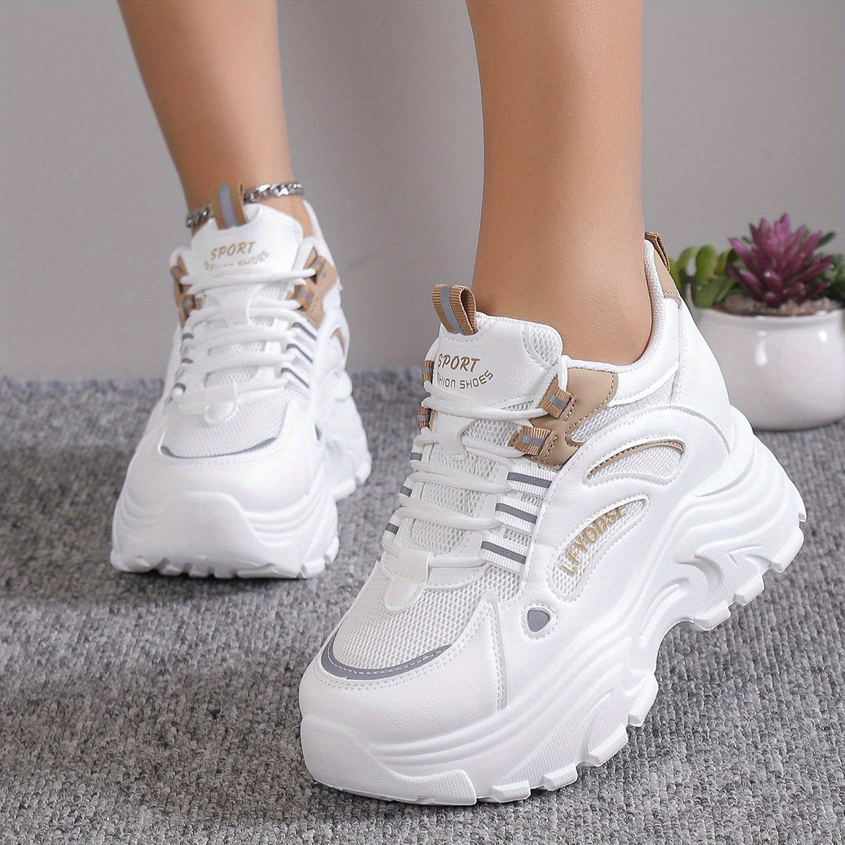 [Low-top Heightening Thick Sole Sneakers] Women's Solid Color Mesh Sneakers, Lace Up Low-top Round Toe Heightening Thick Sole Trainers, Versatile Comfy Shoes