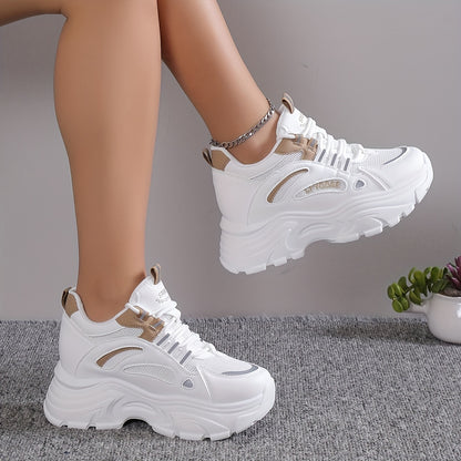 [Low-top Heightening Thick Sole Sneakers] Women's Solid Color Mesh Sneakers, Lace Up Low-top Round Toe Heightening Thick Sole Trainers, Versatile Comfy Shoes