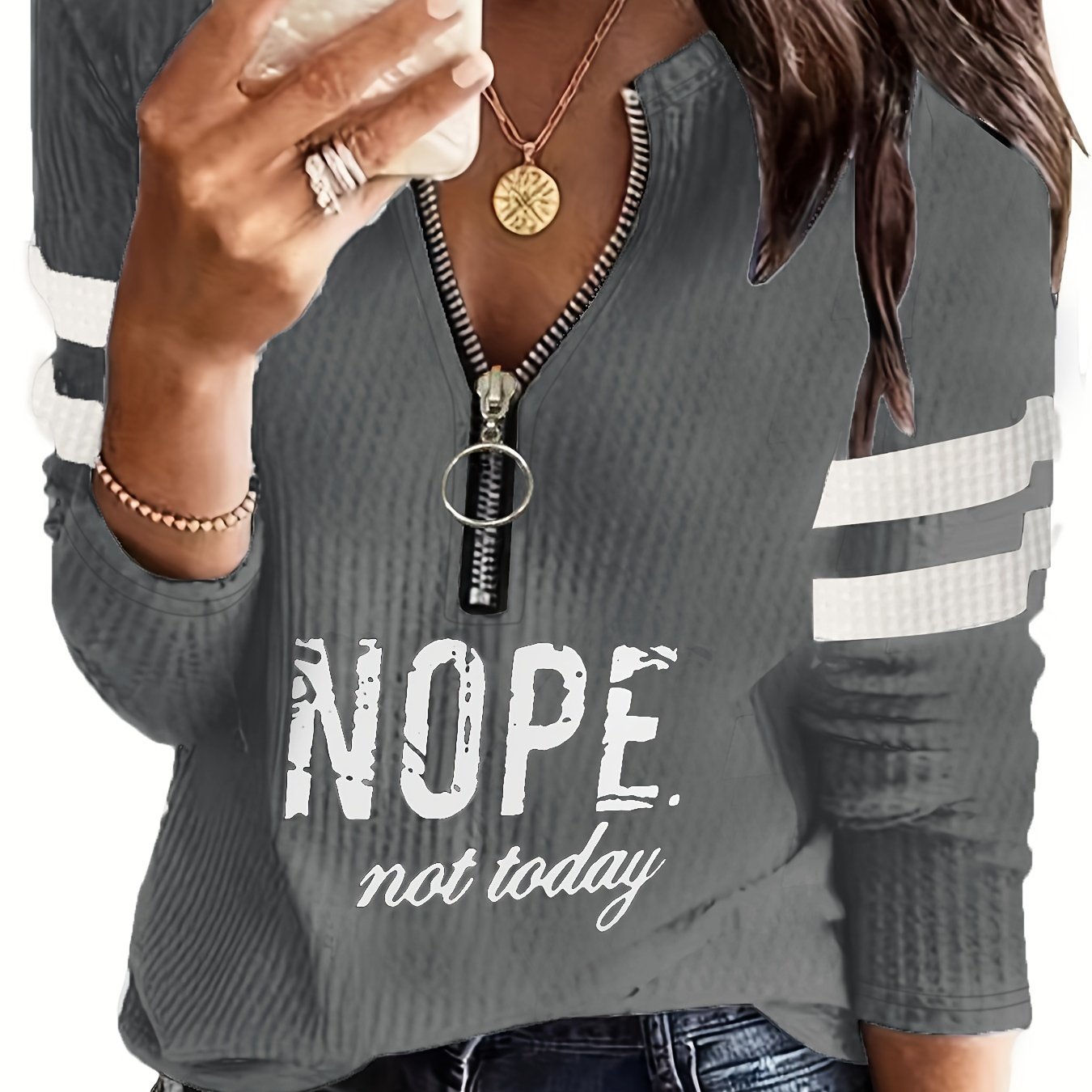 Women's "Nope Not Today" Stripe & Letter Print Zip-Up V-Neck T-Shirt - Casual Long Sleeve Top with Metal Detail, Machine Washable, Polyester Blend, Perfect for Spring & Fall