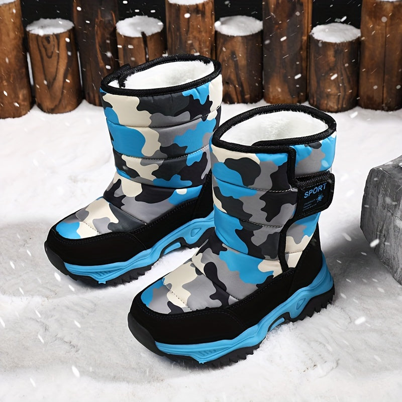 Youngsters' High-Top Winter Snow Boots - Warm Insulated TPR Sole & EVA Cushion, Camouflage Pattern (Blue/Black/Pink/Beige) | Unisex Youngsters & Youth Cold Weather Boots for Outdoor Activities