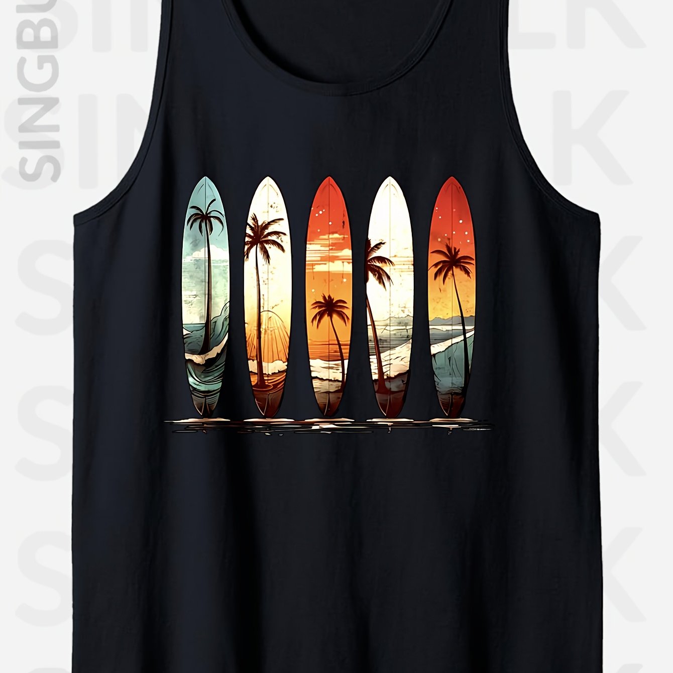 Men's Cotton Graphic Tee - Comfy, Casual, Sleeveless Tank Top with Beach Palm Trees Print for Summer Outdoor Wear