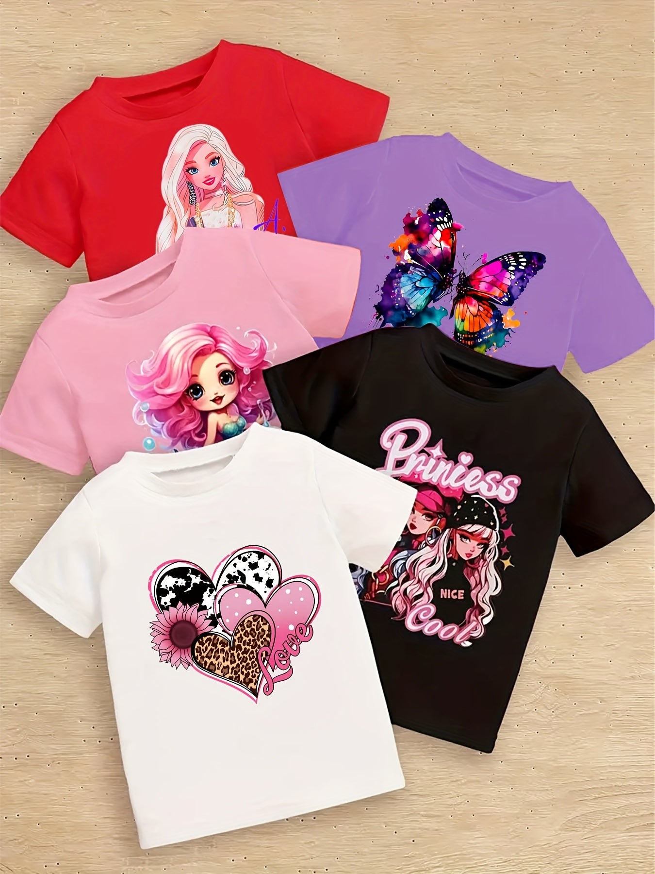 5pcs Vibrant Cartoon & Butterfly Graphic Tees for Girls - Comfy Polyester Blend, Short Sleeve Crew Neck T-Shirts with Heart-Shaped Dye Design - Perfect for Summer