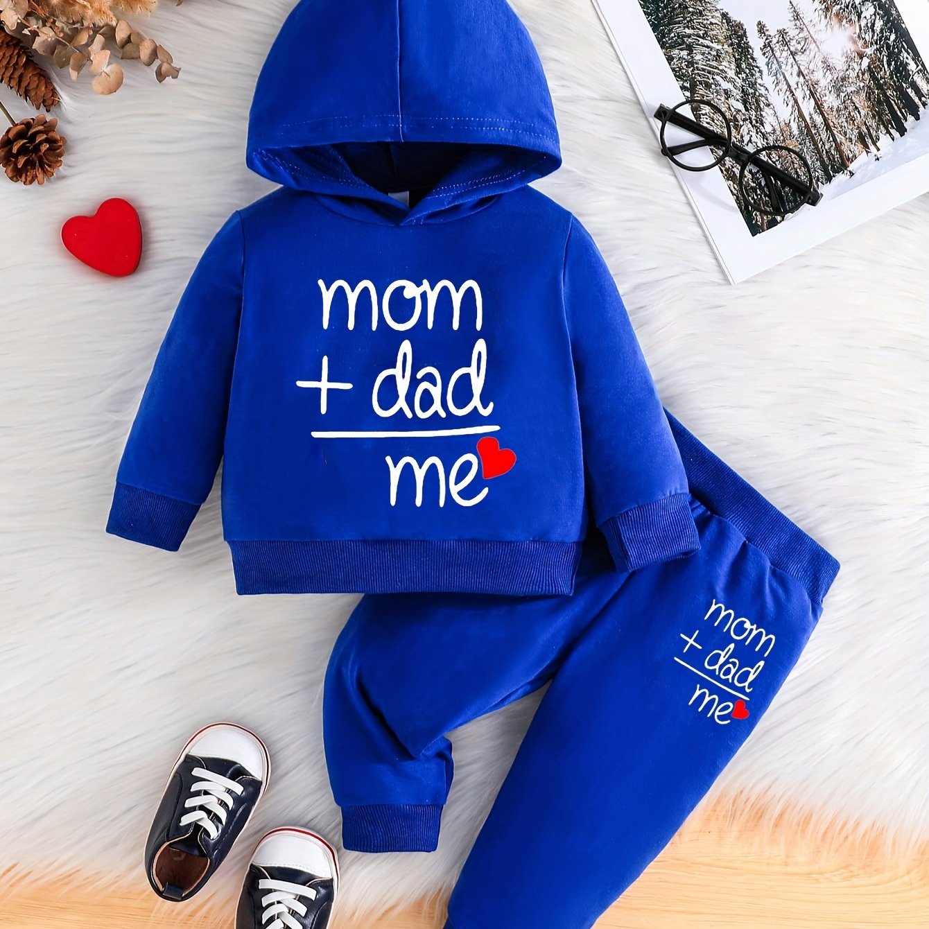 Two-piece Youngsters Boys Fashion Casual Spring and Autumn New Valentine's Day Father's Day Mother's Day Love Love Dad Mom Letter Pattern Long Sleeve Hoodie and Pants Combination Set, Perfect for Outdoor