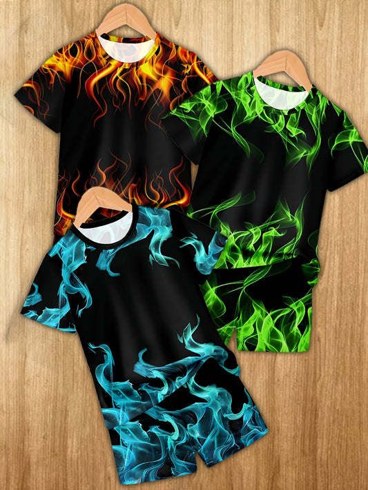 6pcs Boys' 3D Flame Print Casual Outfit - Comfy Polyester T-Shirts & Shorts Set, Vibrant Colors, Machine Washable, Perfect for Summer Play, Boy Clothes, Perfect for Outdoor