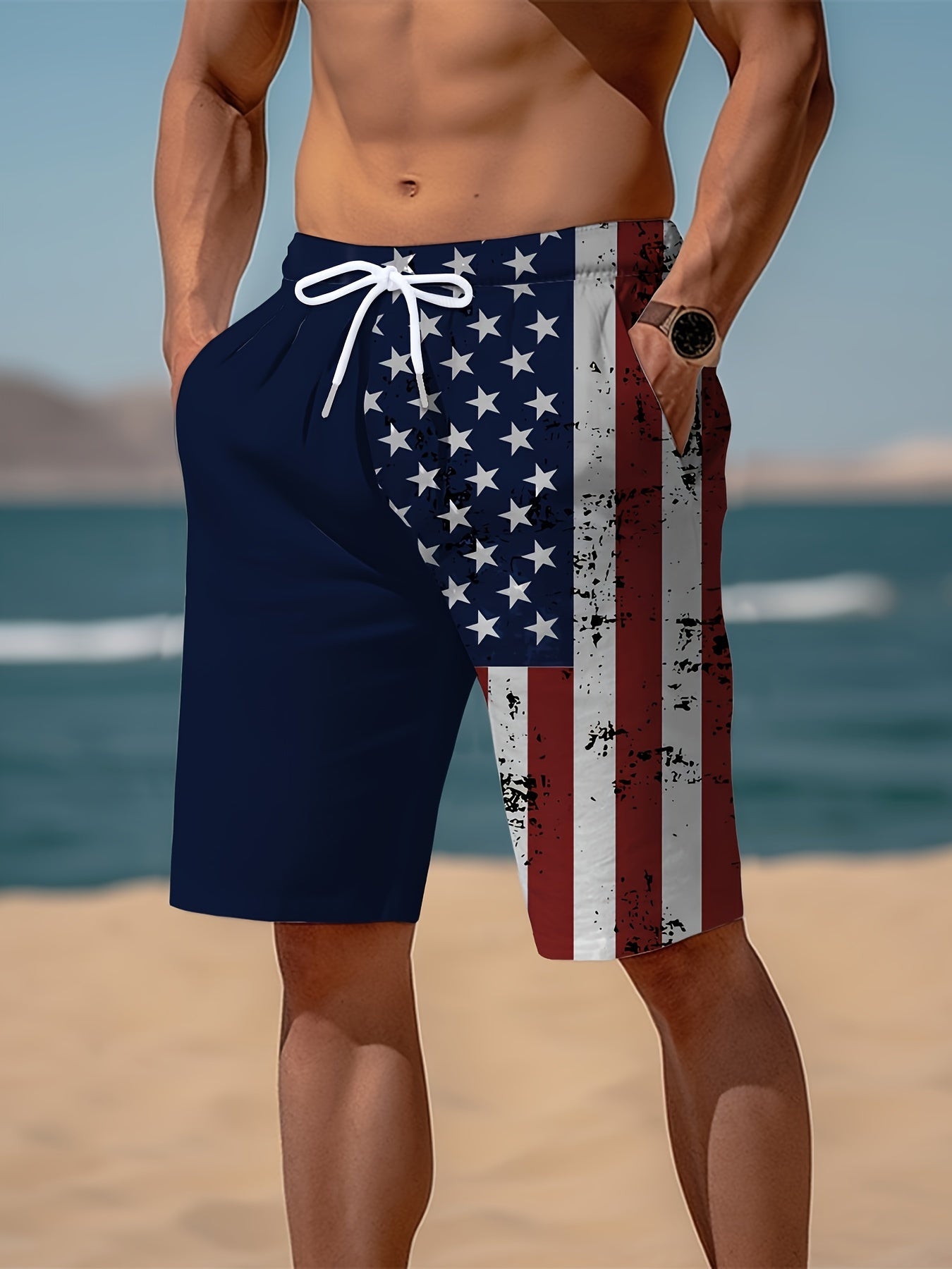 Chic Contrast Color American Flag Pattern Print Shorts - Men's Drawstring Pockets Summer Outdoors Sports Wear