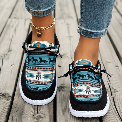 Women'S Casual Round Toe Slip-on Flat Sneakers, All-season, Black and Blue, Thousand Li Horse Pattern Canvas Fabric, Breathable, Non-slip, EVA Sole, Positioning Printing, Hand Wash, Fabric Upper and Inner Material with Elasti