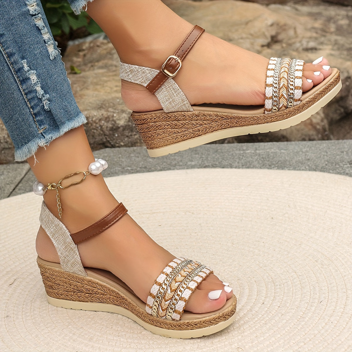 [Summer Rhinestone Wedge Sandals] Women's Casual Wedge Sandals - Open Toe, Ankle Strap, Summer Fashion with Rhinestone Accents, for Spring