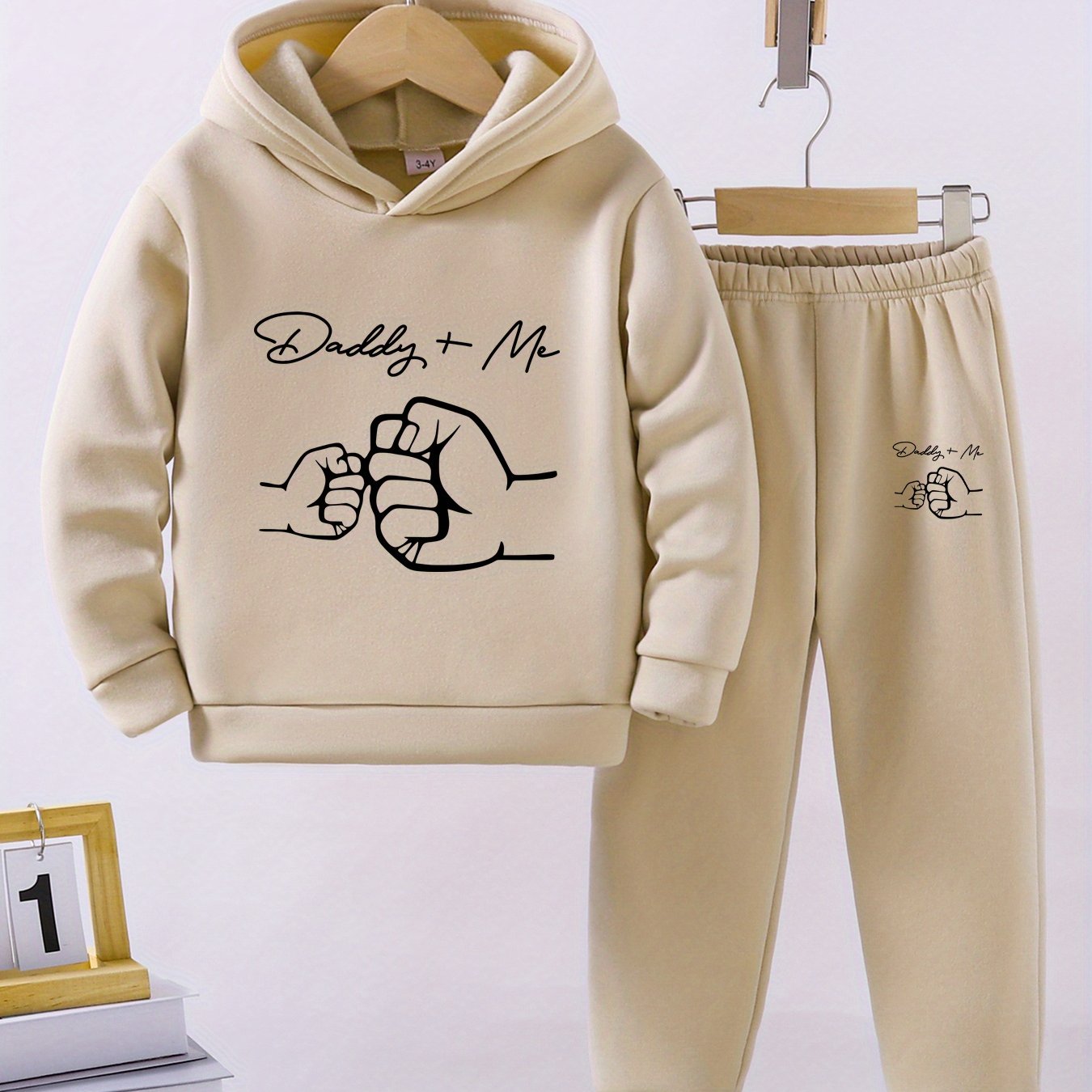 New Thick Daddy+Me Pattern Two-Piece Set for Boys, Long-Sleeved Hoodie and Trousers for Medium and Small Children, Autumn and Winter Children's Suit