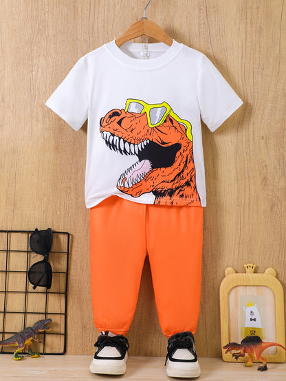 European and American baby boy spring and summer popular glasses dinosaur print T-shirt+pants two-piece set [targeted development]