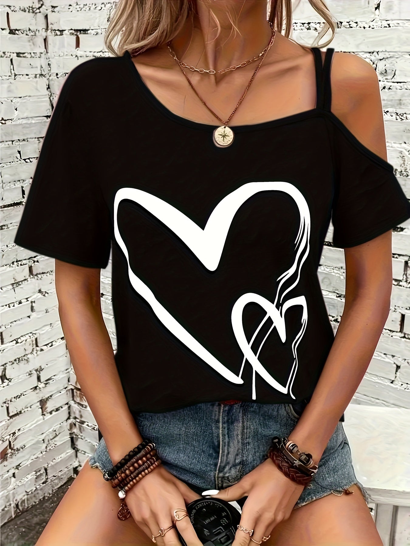 Casual Cold Shoulder Heart Print - Short Sleeve Backless Asymmetrical Top, Women's Clothing T-shirt