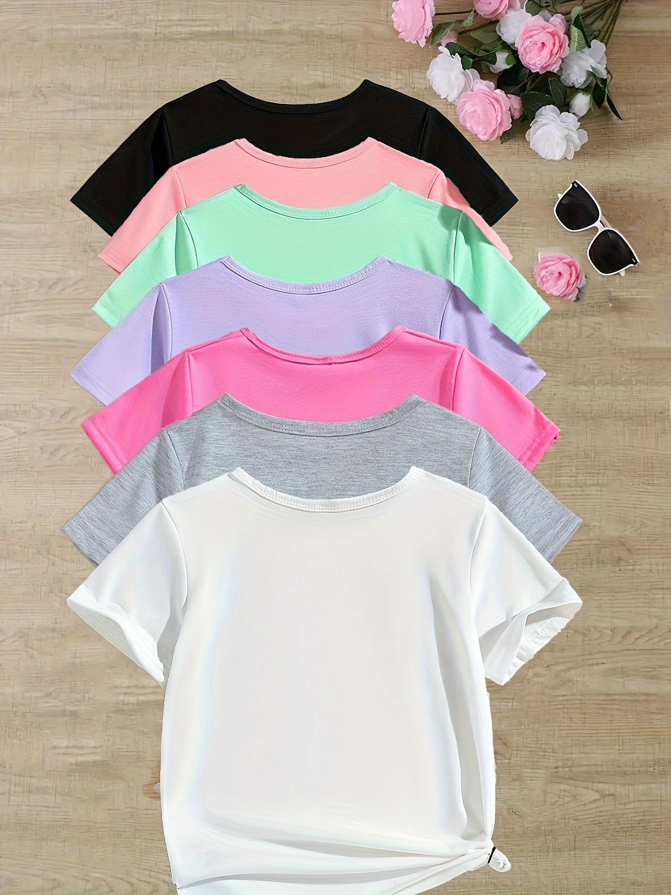 7-Piece Set of Girls' Solid Short-Sleeved T-Shirts: Perfect for Summer Outdoors - Gray, Black, Light Purple, Pink, Fuchsia, Light Green, and Beige