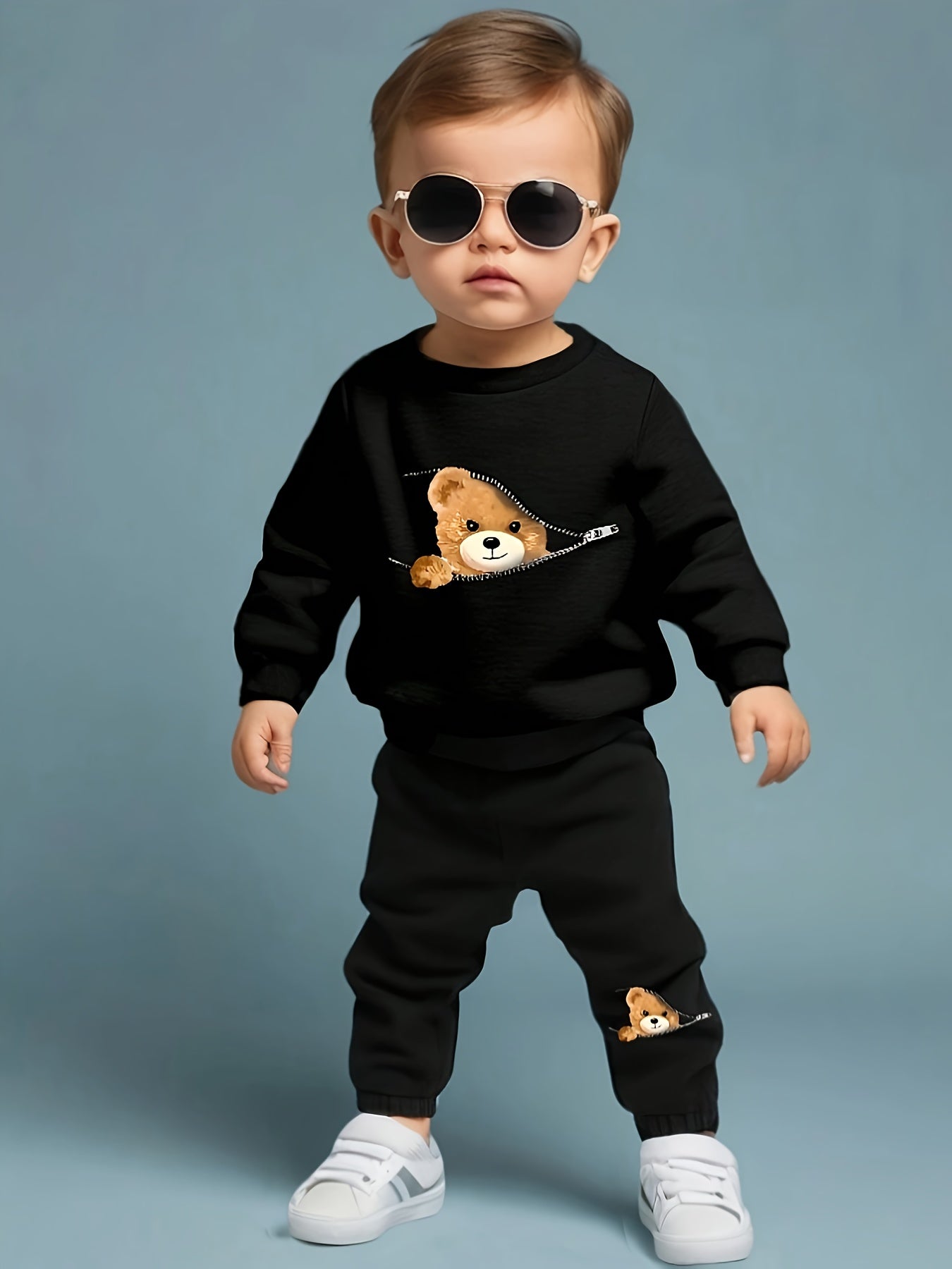 European and American baby boys' autumn and winter popular zipper teddy bear printed hoodie+teddy bear printed sweatpants two-piece set [targeted development]