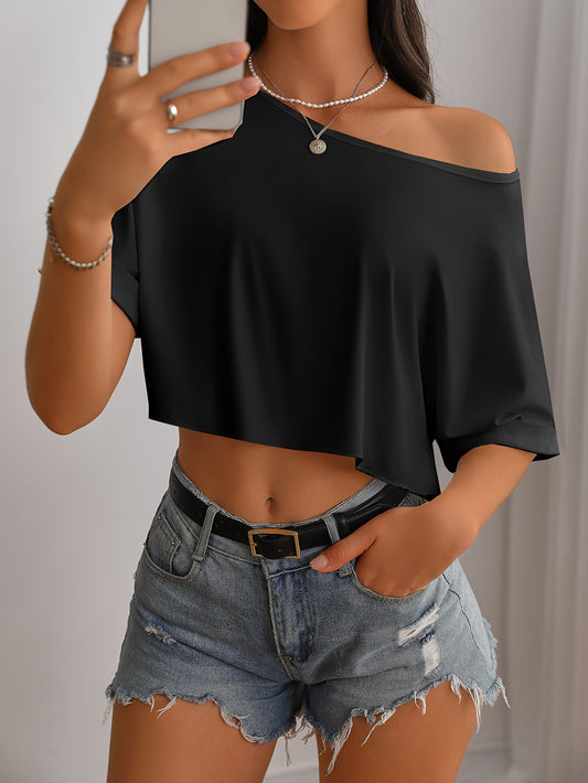 [Polyester Off-Shoulder Crop Top] Breathable Polyester Blend Off-Shoulder Crop Top T-Shirt - Casual Style, Machine Washable, Solid Color, Perfect for All Seasons