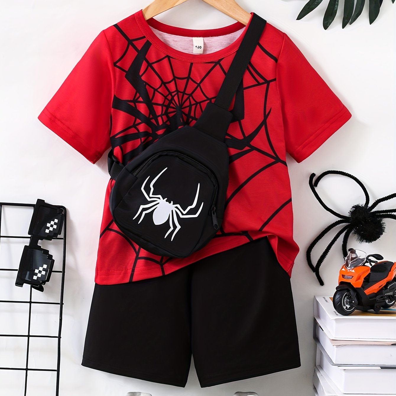 Boy's Cartoon Spider & Web Pattern 2pcs Casual Outfit, T-shirt & Bag & Shorts Set, Boy's Clothes For Summer Daily & Outdoor Wear