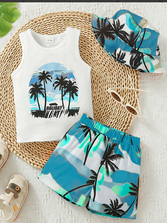 COVIVIKY Boys' 3pcs Tropical Beach Vacation Outfit - "Mommy's Little for Man" Palm Tree Print Tank Top, Colorful Shorts & Hat Set in Polyester, Elastic Waistband - Machine Washable for Summer Fun, Beach Accessories, Perfect f