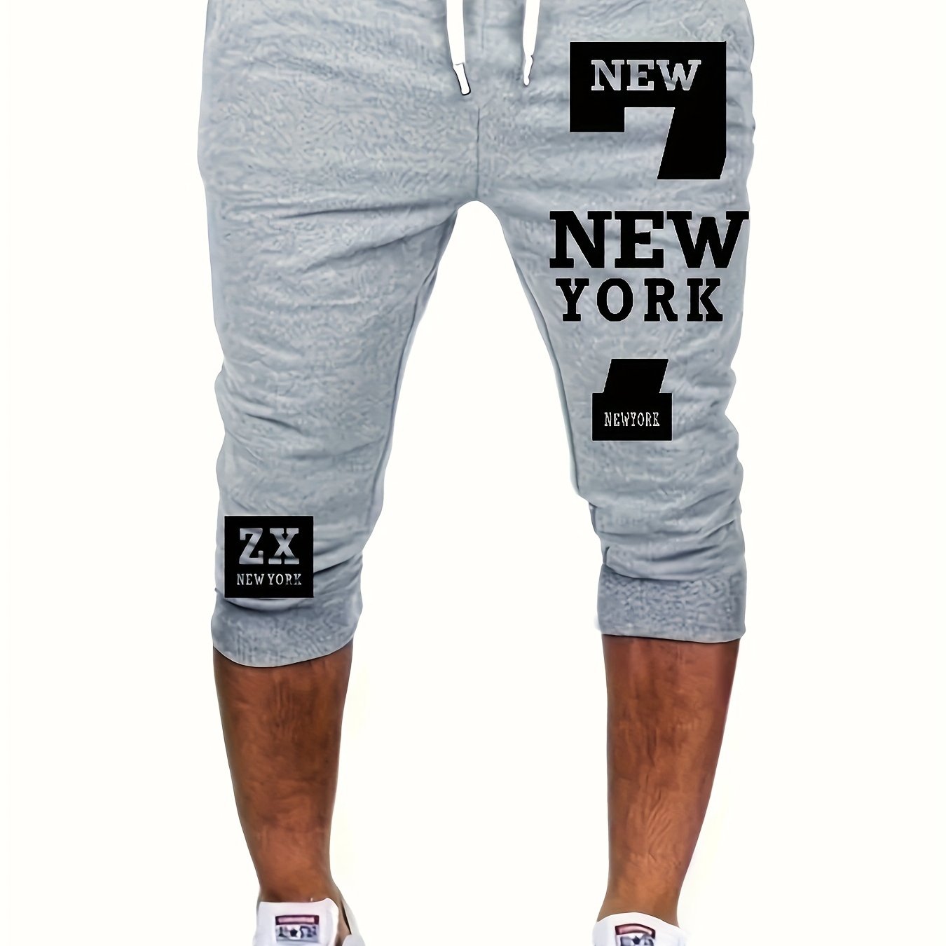 Men's Casual European & American Style Athletic Shorts - Navy Blue with "NEW YORK" Print, Zipper Pockets, 100% Polyester, Machine Washable, Perfect for Streetwear & Jogging