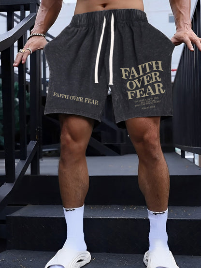 [Heavy Craftsmanship Casual Shorts] FAITH OVER FEAR FAITHOVERFEAR WHA CA MOT 5546 ME? THE LORD IS ON MY SIDE; PSALMS 113:6100% cotton washed distressed cotton casual men'S shorts, heavy craftsmanship 300g