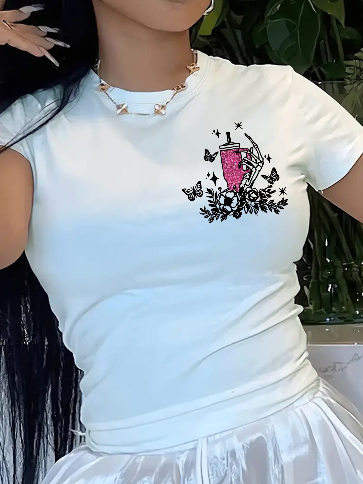 Women's "Expensive and Difficult" Skull Print T-Shirt - Casual White Crew Neck Short Sleeve Top with Pink Hair & Butterfly Design, Breathable Polyester, Perfect for Spring/Summer