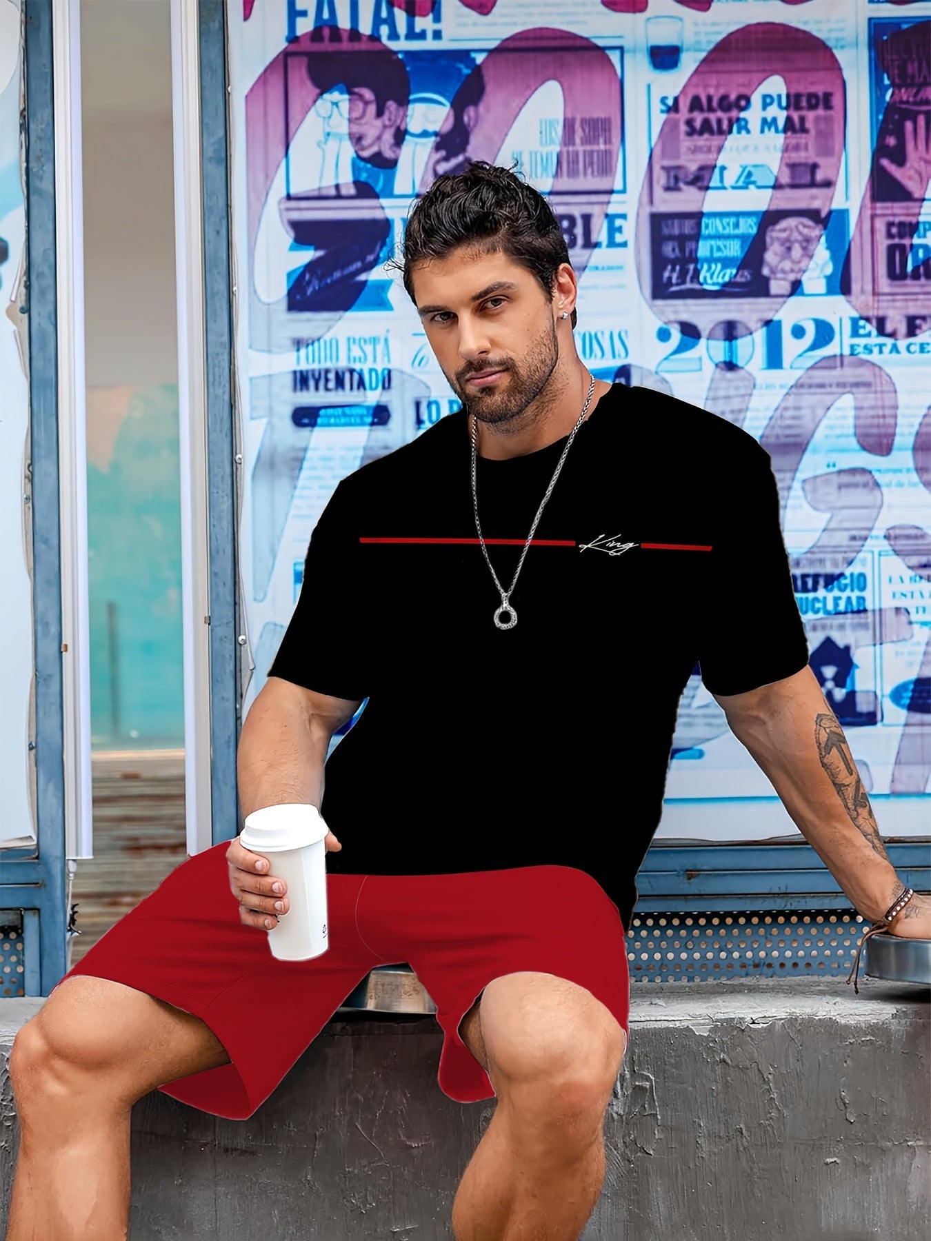 New Men'S Trendy Black And Blue Mixed Striped T-Shirt And Shorts Set with 3D Printed Letter Patterns, Perfect for Home Gatherings And Ideal for Summer Outdoor Activities And Casual Wear - Comfortable Fit, Complete Two-Piece M