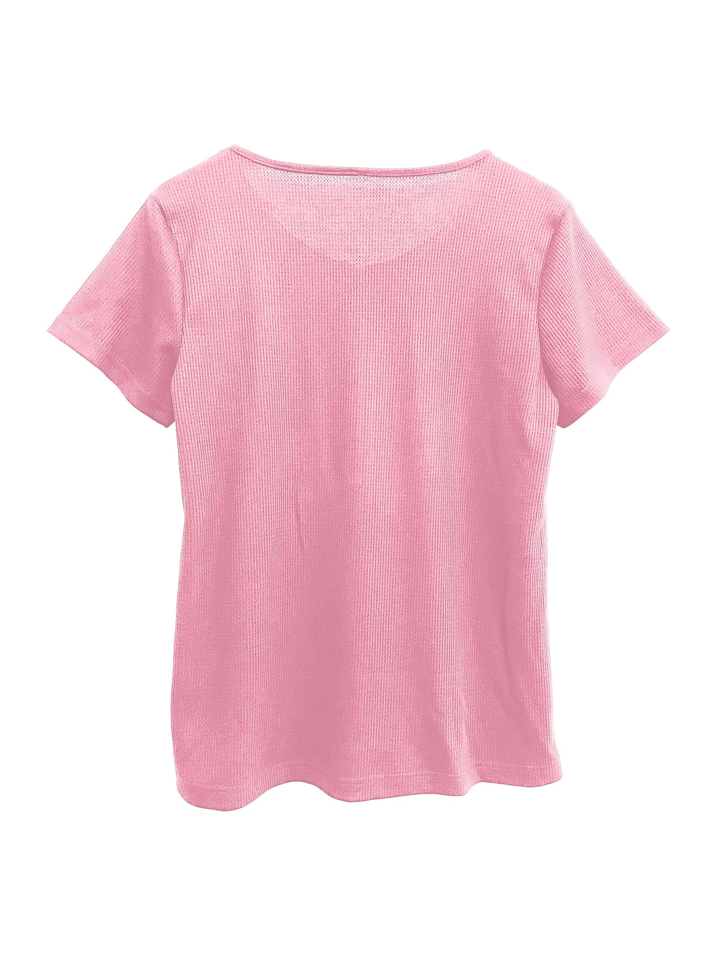 Women's Pink Waffle Knit Short Sleeve T-Shirt with Half Zipper - V-Neck, Stretchy Polyester Blend, Casual All-Season Top for Casual Attire, Spring Summer Apparel | Waffle Knit Texture | Spandex Mix Fabric