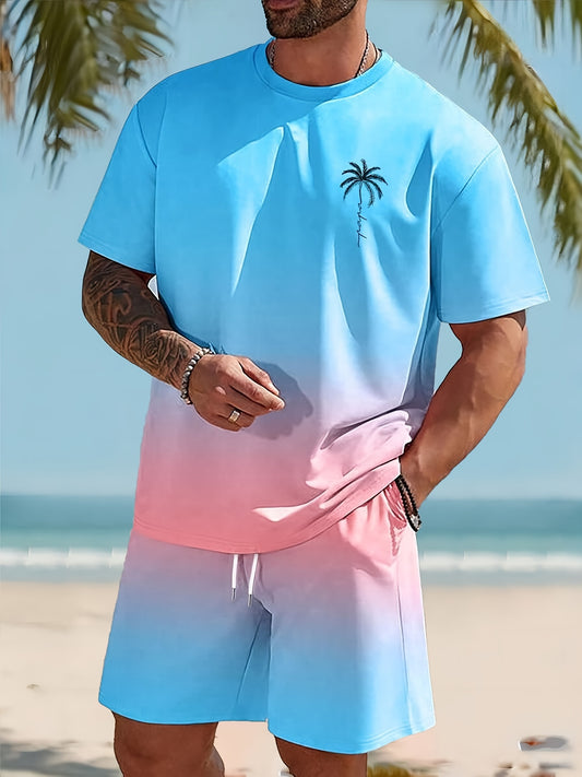 Men's Casual 2-Piece Outfit - Gradient Color Summer T-Shirt & Shorts Set, Stylish Crew Neck Tee, Breathable Comfy Shorts - For Men - Perfect for Summer, Casual Wear - Ideal Gift for Boyfriend, Husband, Father