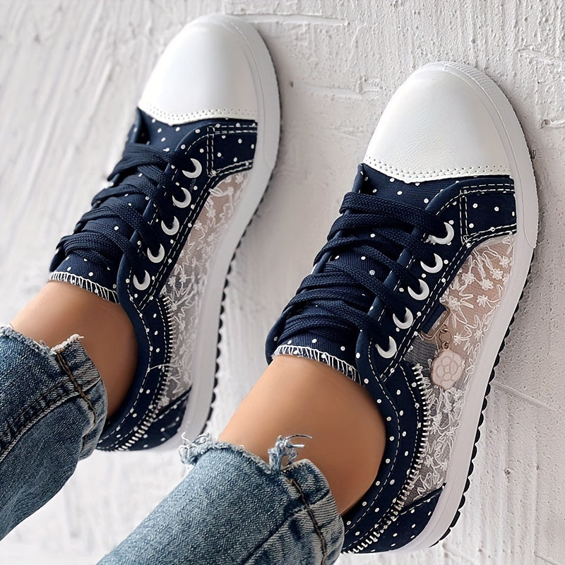 [Floral Mesh Sneakers] Light Blue Women's Floral Mesh Sneakers - Lace-Up Low Tops with Rhinestone Accents, Casual Shoes, Synthetic Cover Sole