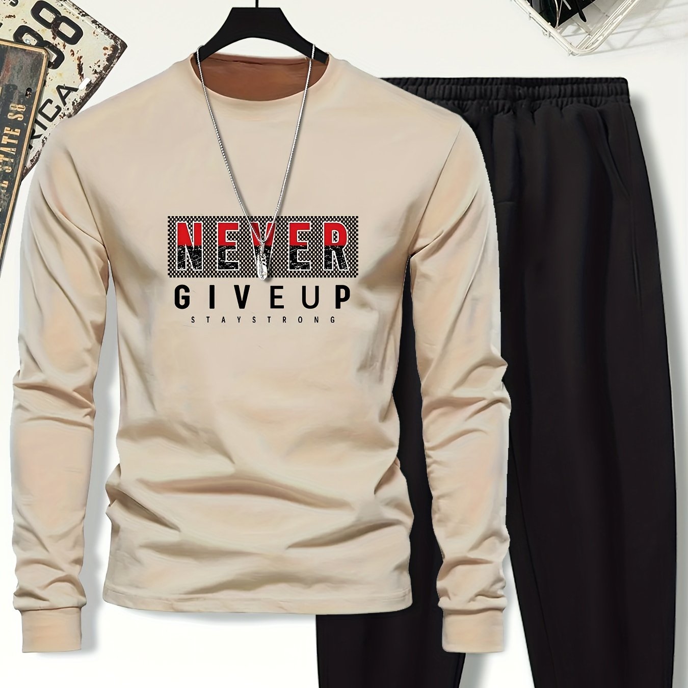 Youth Boys' Casual NEVER GIVE UP Stylish Cuffed Outfit, for Outdoor