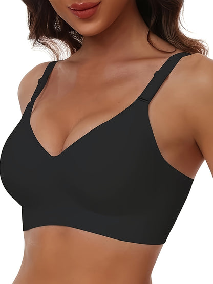 Seamless Full Coverage Women's Bra | Soft Nylon/Spandex, Wireless Support, Elegant V-Neck Design for Casual Wear