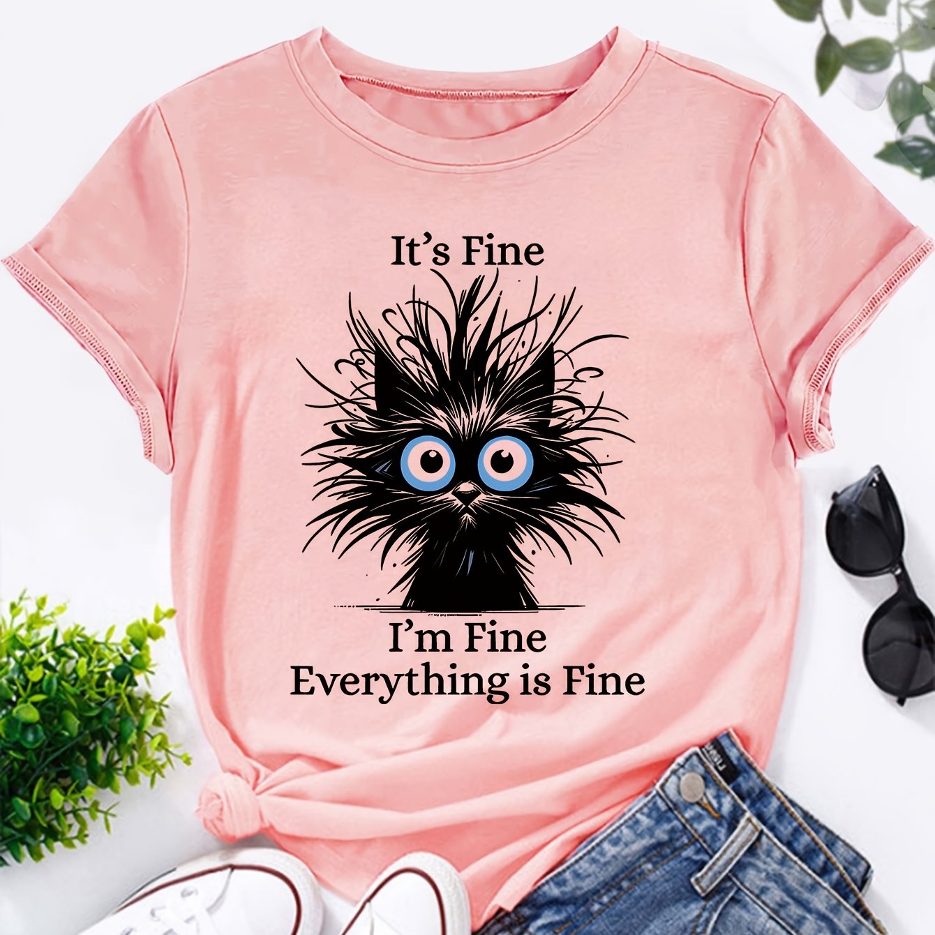 [Light Blue Cat Graphic Tee] Whimsical 'It's Fine, I'm Fine, Everything is Fine' Cat Graphic Tee for Women - Light Blue, Casual Fit with Round Neck, Short Sleeves, Polyester, Machine Washable