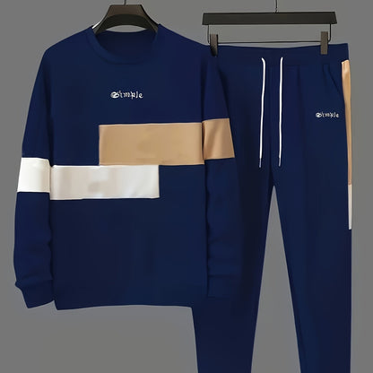 Men'S Color Blocked 2pcs Set, Casual Round Neck Long Sleeved Sweatshirt And Sweatpants Jogging Pants Set For Winter And Autumn, Men'S Clothing