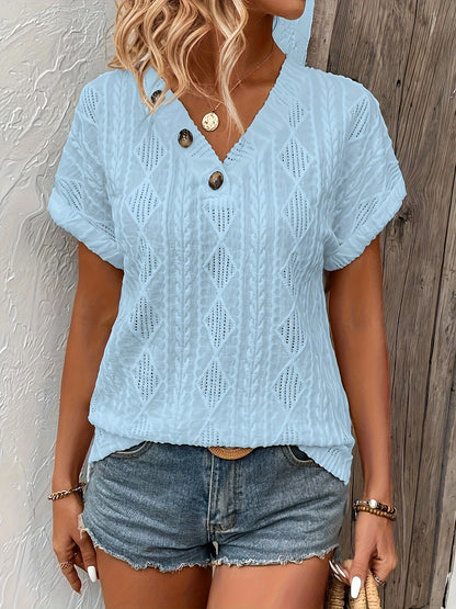 Casual Textured V Neck Short Sleeve - Button Decor T-Shirt For Spring & Summer - Women's Clothing